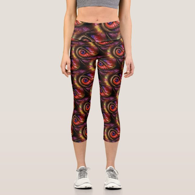 Abstract eyes in reds and purples capri leggings (Front)