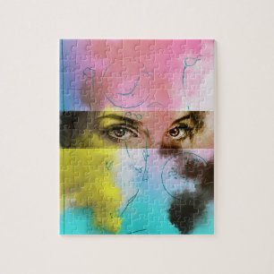 Abstract Eyes Pop Art - Pink, Yellow, Blue & Brown Jigsaw Puzzle