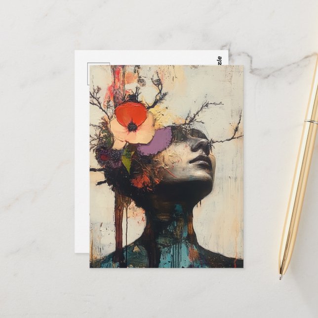 Abstract Face and Flowers Postcard (Front/Back In Situ)