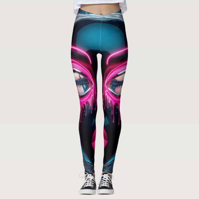 Abstract Face Big Eyes Red Lips Neon Legging (Front)