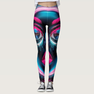 Abstract Face Big Eyes Red Lips Neon Pink Graffiti Leggings