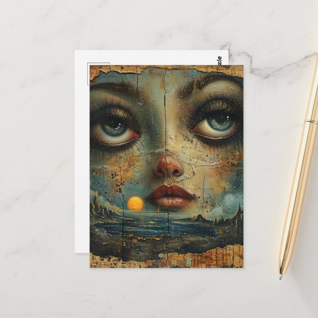 Abstract Face Blue Eyes Grunge Beach Postcard (Front/Back In Situ)