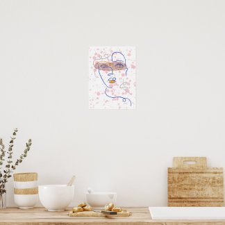 Abstract Face Line Art Wall Poster, Pink Splatter  Poster