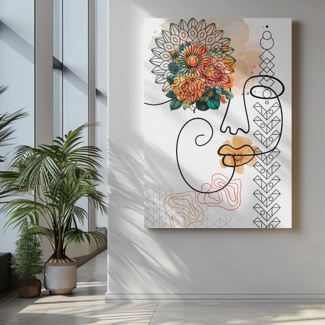 Abstract face line art with orange flower lips canvas print (Creator Uploaded)