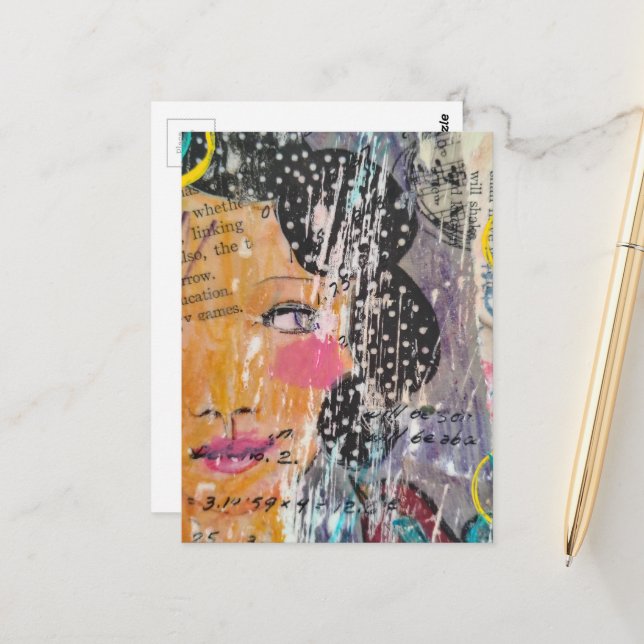 Abstract Face Polka Dot Hair Mixed Media Collage Postcard