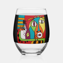 Abstract Face with Wine Stemless Wine Glass