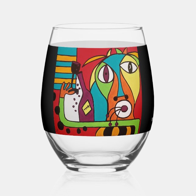 Abstract Face with Wine Stemless Wine Glass (Front)