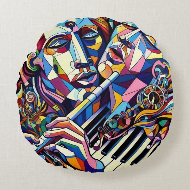 Abstract Faces and Instruments Round Cushion (Front)