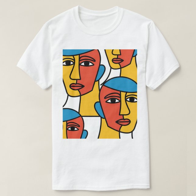 Abstract Faces Print, Vibrant Geometric Art T-Shirt (Design Front)