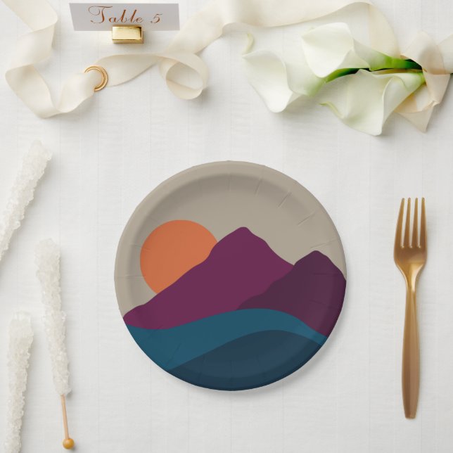 Abstract Fall Autumn Mountain Landscape Sunset  Paper Plate (Wedding)