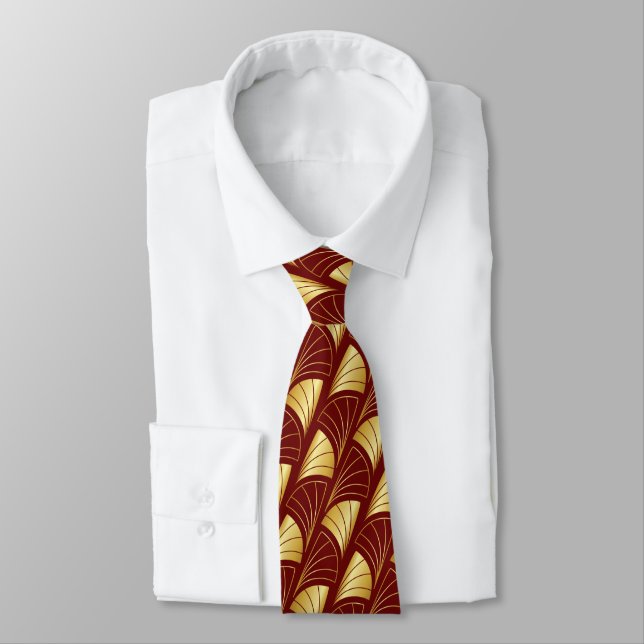 Abstract Fan Gradient Gold Vector Pattern Maroon Tie (Tied)
