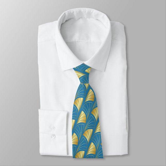 Abstract Fan Gradient Gold Vector Pattern Sky Blue Tie (Tied)