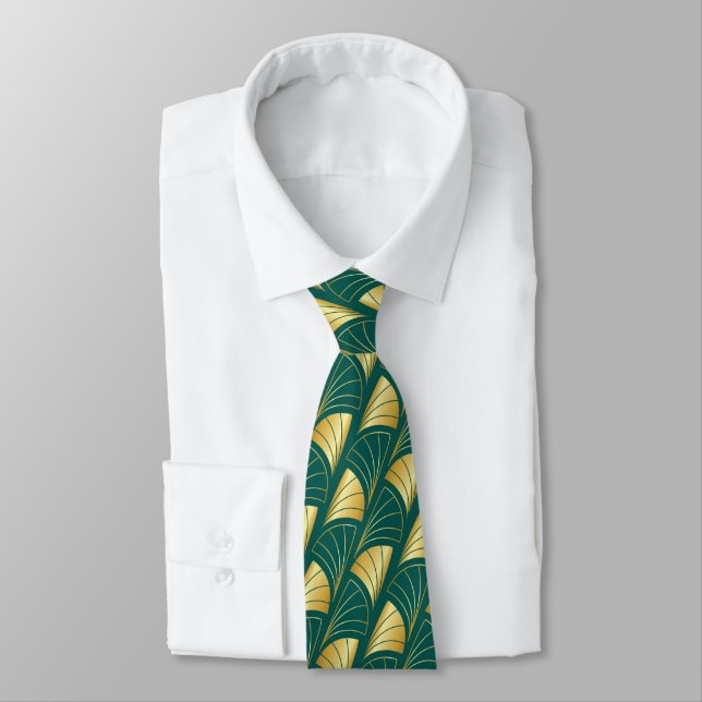 Abstract Fan Gradient Gold Vector Pattern Teal Tie (Tied)