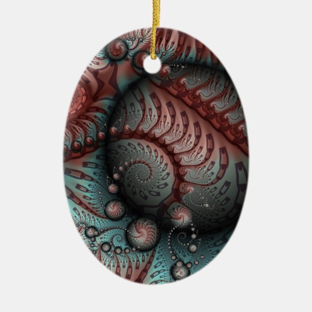 Abstract Fantasy Fractal Balls Brown Blue Oval Ceramic Tree Decoration (Front)