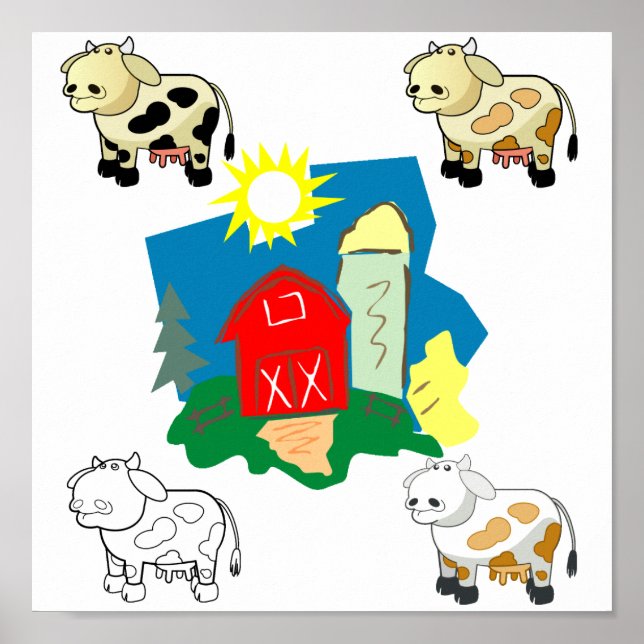 Abstract Farm and Cartoon Cows Canvas Pring Poster (Front)