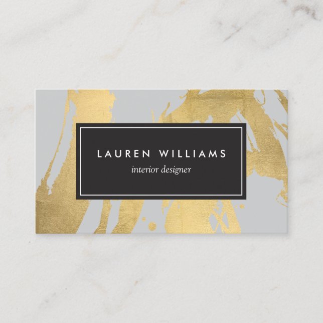 Abstract Faux Gold Brushstrokes on Grey II Business Card (Front)