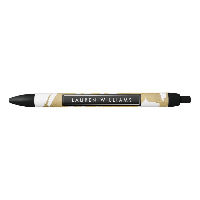 Abstract Faux Gold Brushstrokes on White II Black Ink Pen (Front)