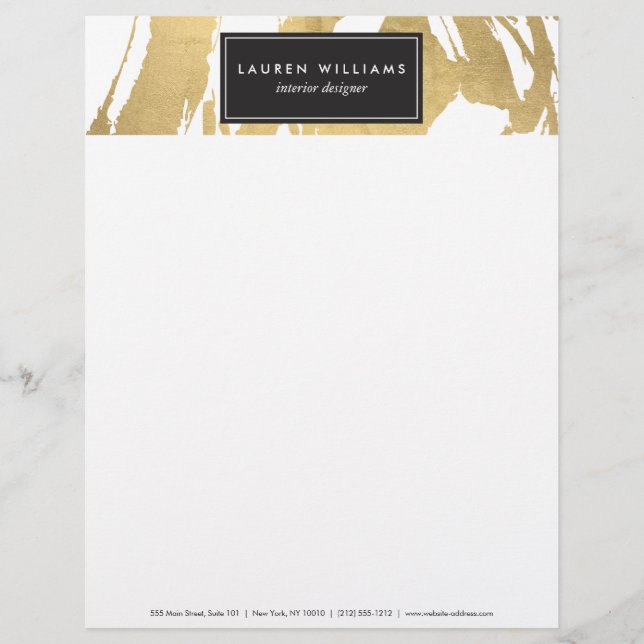Abstract Faux Gold Brushstrokes on White II Customized Letterhead (Front)