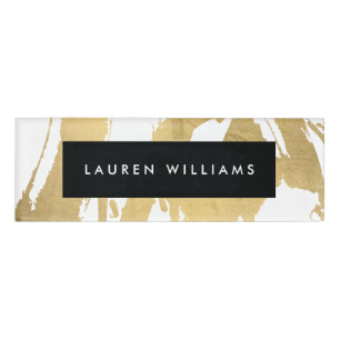 Abstract Faux Gold Brushstrokes on White Name Tag