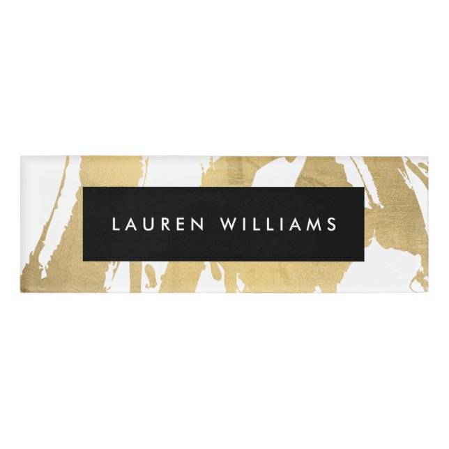 Abstract Faux Gold Brushstrokes on White Name Tag (Front)