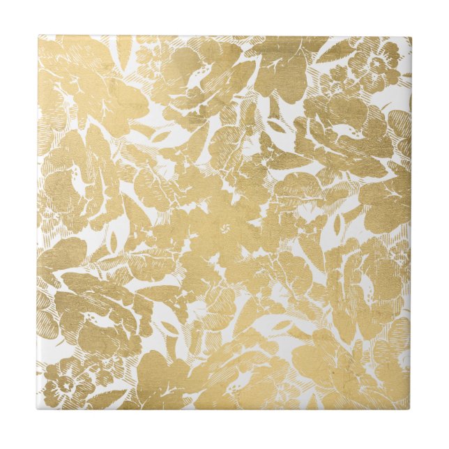 Abstract Faux Gold Floral Pattern Ceramic Tile (Front)