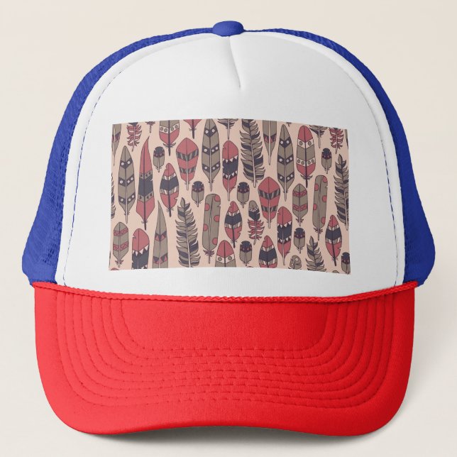 Abstract feathers: colourful vintage background. trucker hat (Front)