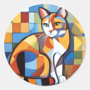 Abstract Feline Beauty Calico Cat Cubist Classic Round Sticker