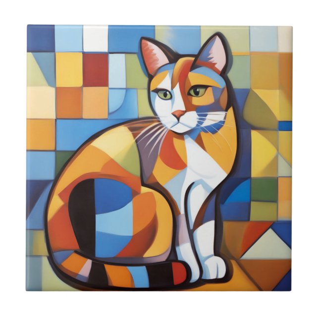 Abstract Feline Beauty Calico Cat Cubist Tile (Front)
