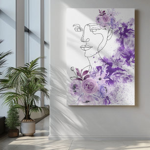 Abstract female art with purple flowers splashes canvas print