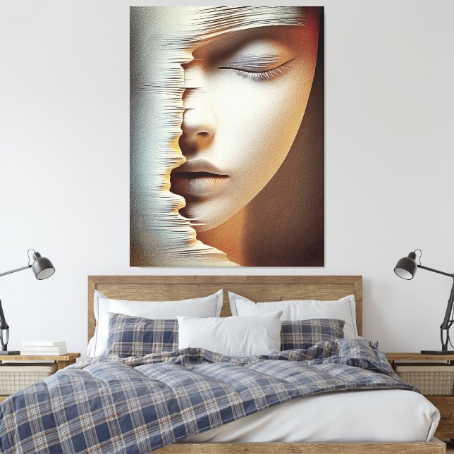 Abstract Feminine Face Wall Art – Modern Textured (Insitu(Bedroom))