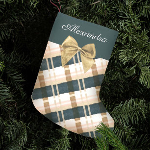 Abstract Festive Green Pink Gold Bow Personalised Small Christmas Stocking