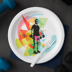 Abstract Fitness Art of Man Lifting Dumbbells Paper Plate