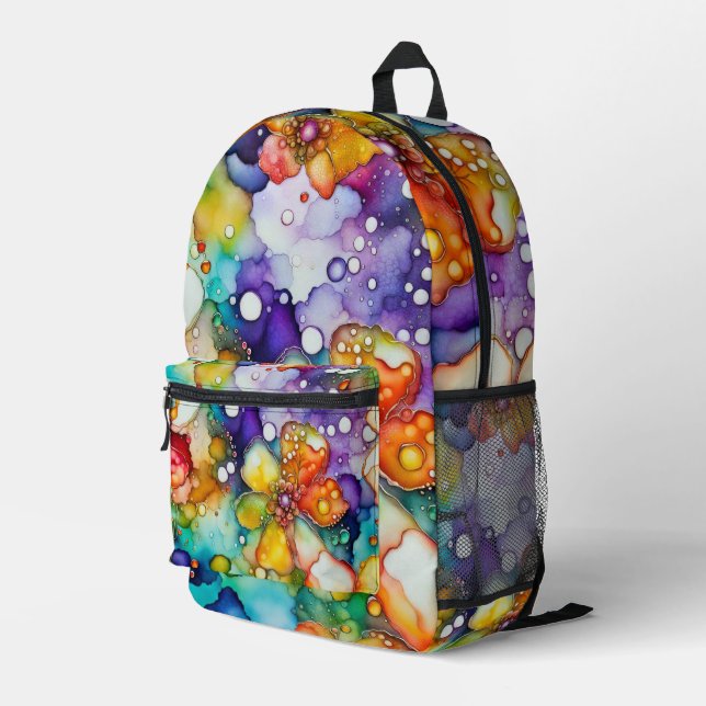 Abstract Floral Alcohol Ink Printed Backpack (Back Corner Right)