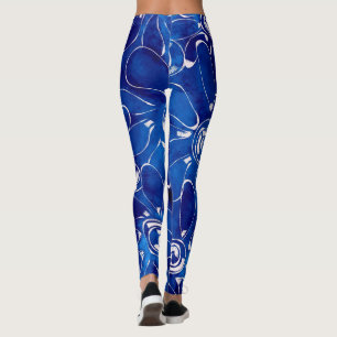Abstract Floral Art Pattern Blue White Flowers Leggings