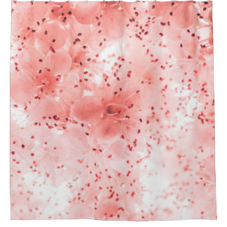 Abstract floral backdrop of pink flowers over past shower curtain