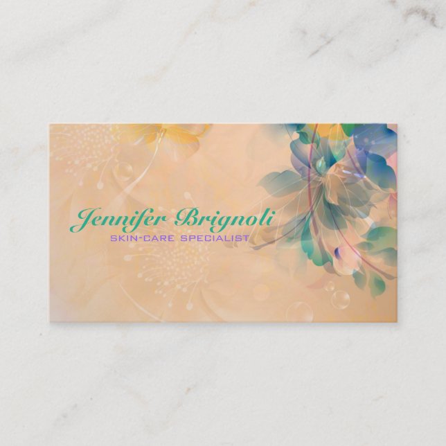 Abstract Floral Background Blue And Beige Business Card (Front)