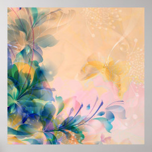 Abstract Floral Background Blue And Beige Poster