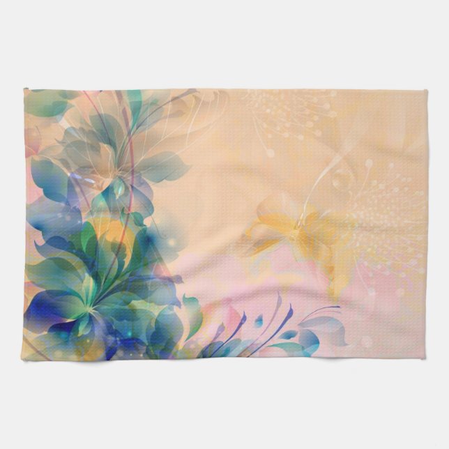 Abstract Floral Background Blue And Beige Tea Towel (Horizontal)