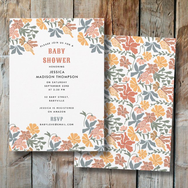 Abstract Floral & Birds Mid Century Baby Shower Invitation (Abstract Floral & Birds Mid Century Baby Shower Invitation)