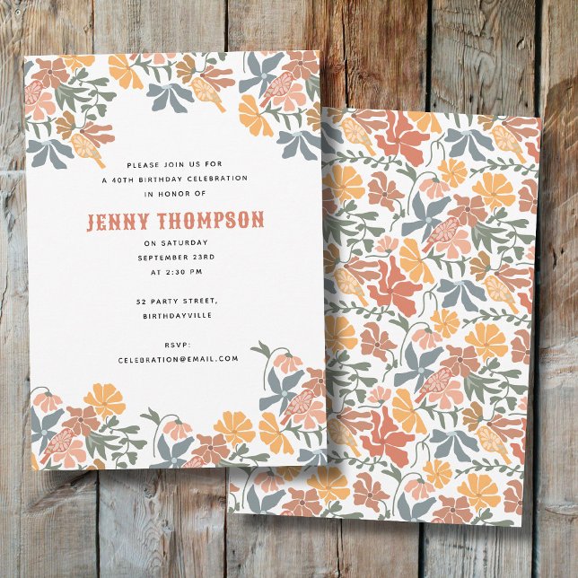 Abstract Floral & Birds Mid Century Birthday Party Invitation (Abstract Floral & Birds Mid Century Birthday Party Invitation)