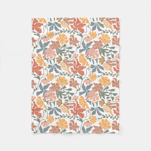 Abstract Floral & Birds Mid Century Modern Pattern Fleece Blanket (Front)