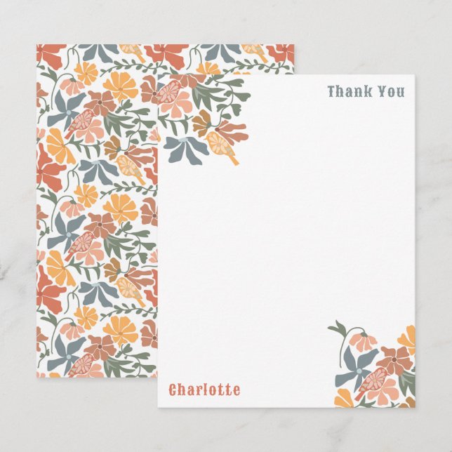 Abstract Floral & Birds Mid Century Modern Pattern Thank You Card (Front/Back)