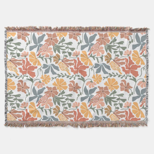 Abstract Floral & Birds Mid Century Modern Pattern Throw Blanket (Front)