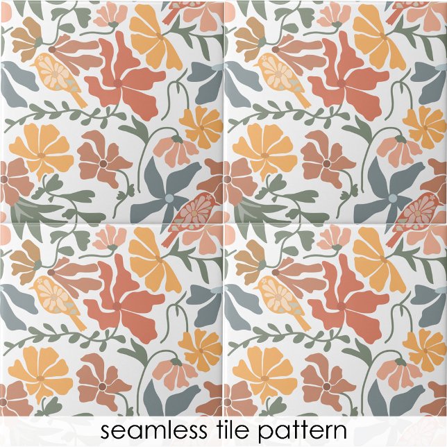 Abstract Floral & Birds Mid Century Modern Pattern Tile (Abstract Floral & Birds Mid Century Modern Pattern Ceramic Tile)