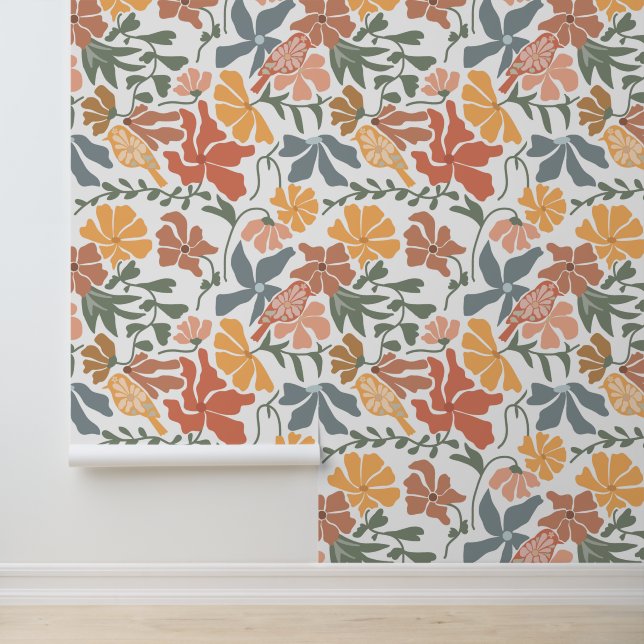 Abstract Floral & Birds Mid Century Modern Pattern Wallpaper (Application)