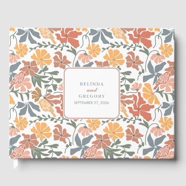 Abstract Floral & Birds Mid Century Modern Wedding Guest Book (Front)