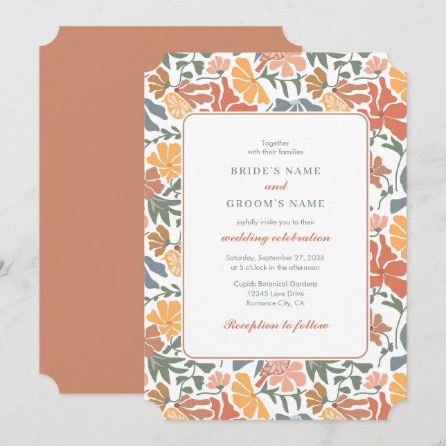 Abstract Floral & Birds Mid Century Modern Wedding Invitation (Front/Back)