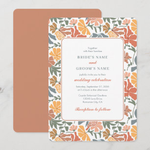 Abstract Floral & Birds Mid Century Modern Wedding Invitation
