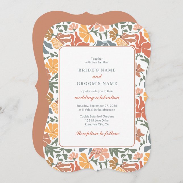Abstract Floral & Birds Mid Century Modern Wedding Invitation (Front/Back)