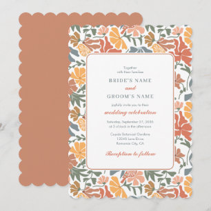 Abstract Floral & Birds Mid Century Modern Wedding Invitation